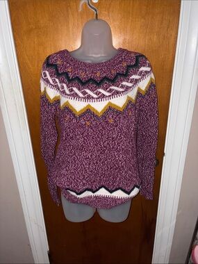 Old Navy Marled Purple Fair Isle Crewneck Sweater with Mustard & Green Accents
